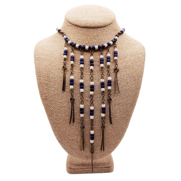 Vintage 1970s Boho Brass Fringe Bib Necklace Blue White Ceramic Beads Festival - Picture 3 of 8